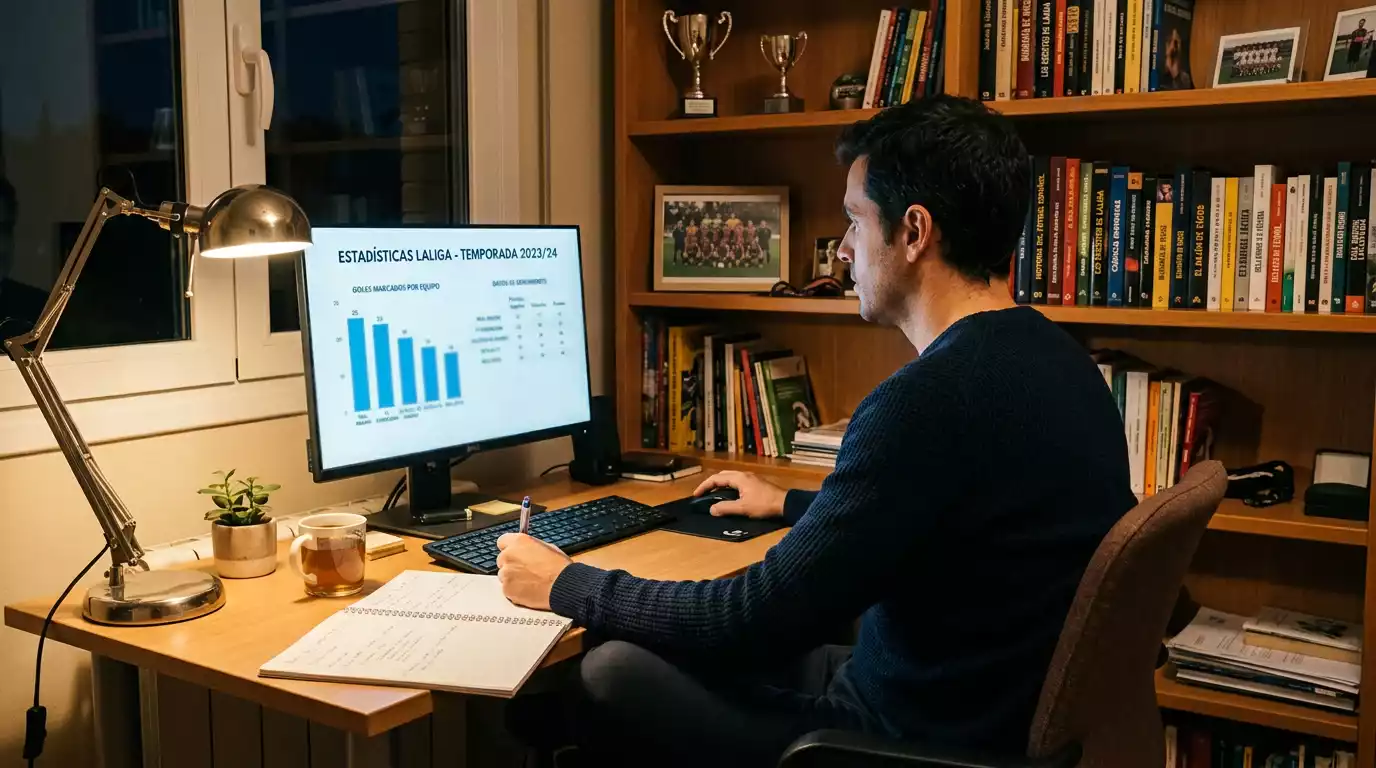 Persona analizando estadísticas de fútbol antes de realizar una apuesta