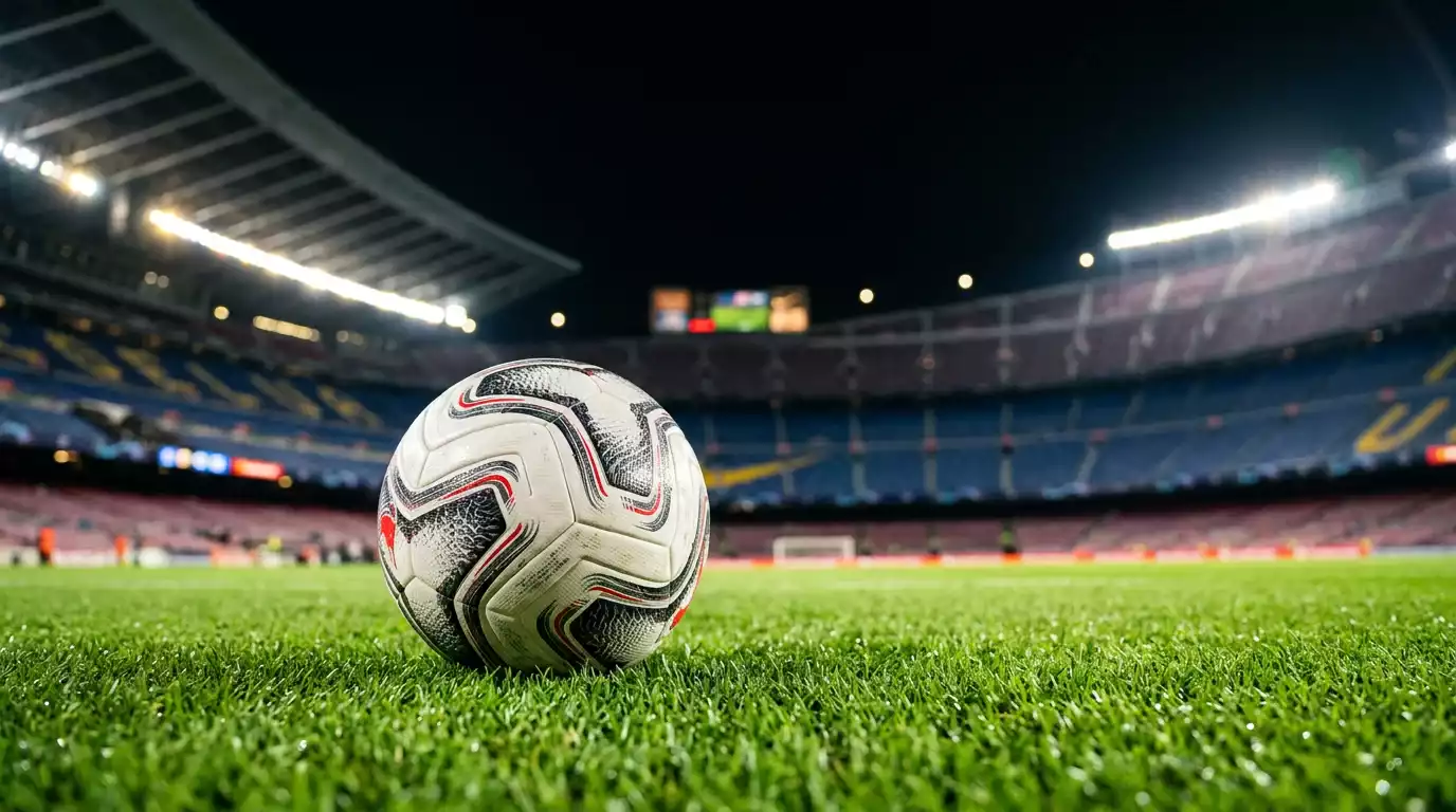 Balón de Champions League sobre césped de estadio europeo iluminado de noche