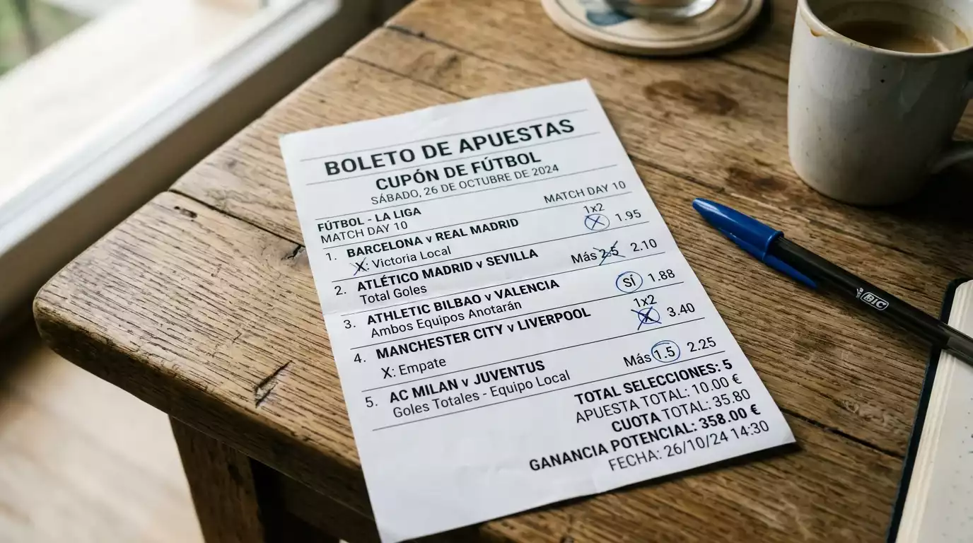 Boleto de apuesta combinada con varios partidos de fútbol seleccionados
