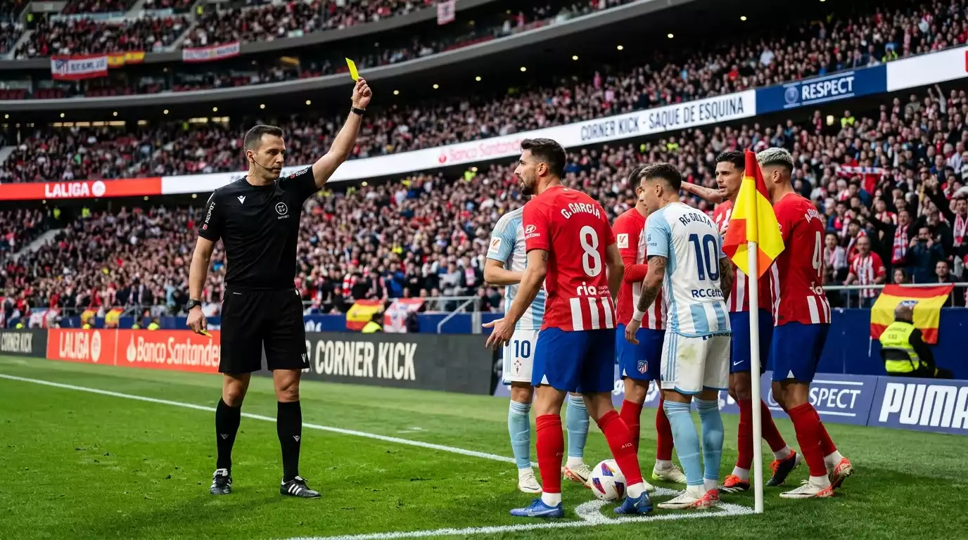 Árbitro mostrando tarjeta amarilla durante un córner en partido de fútbol