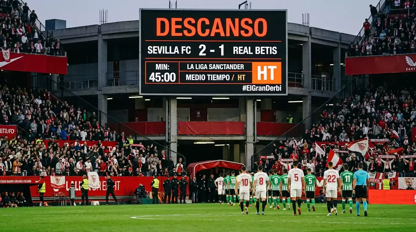 Marcador de estadio mostrando resultado al descanso de partido de fútbol