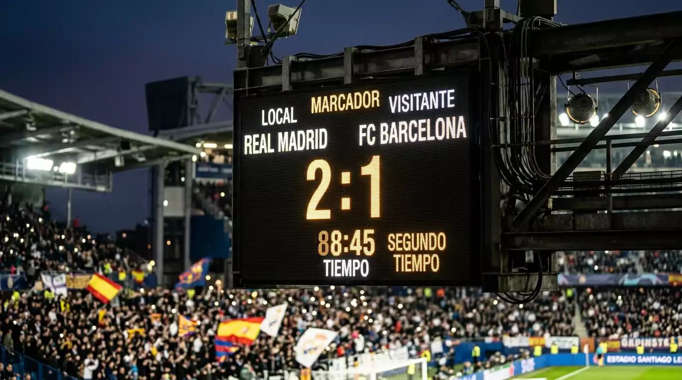 Marcador de estadio mostrando resultado de partido de fútbol