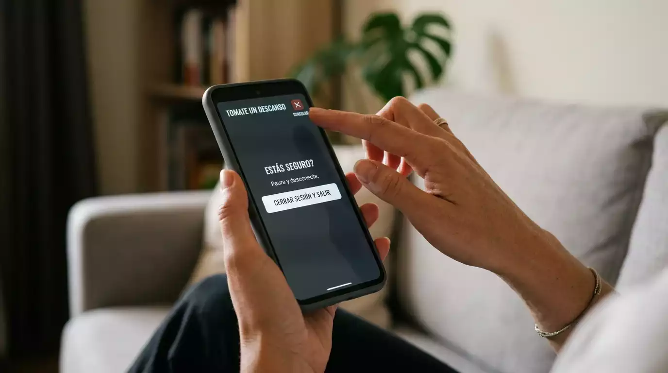 Persona cerrando aplicación de apuestas en móvil como símbolo de autoexclusión