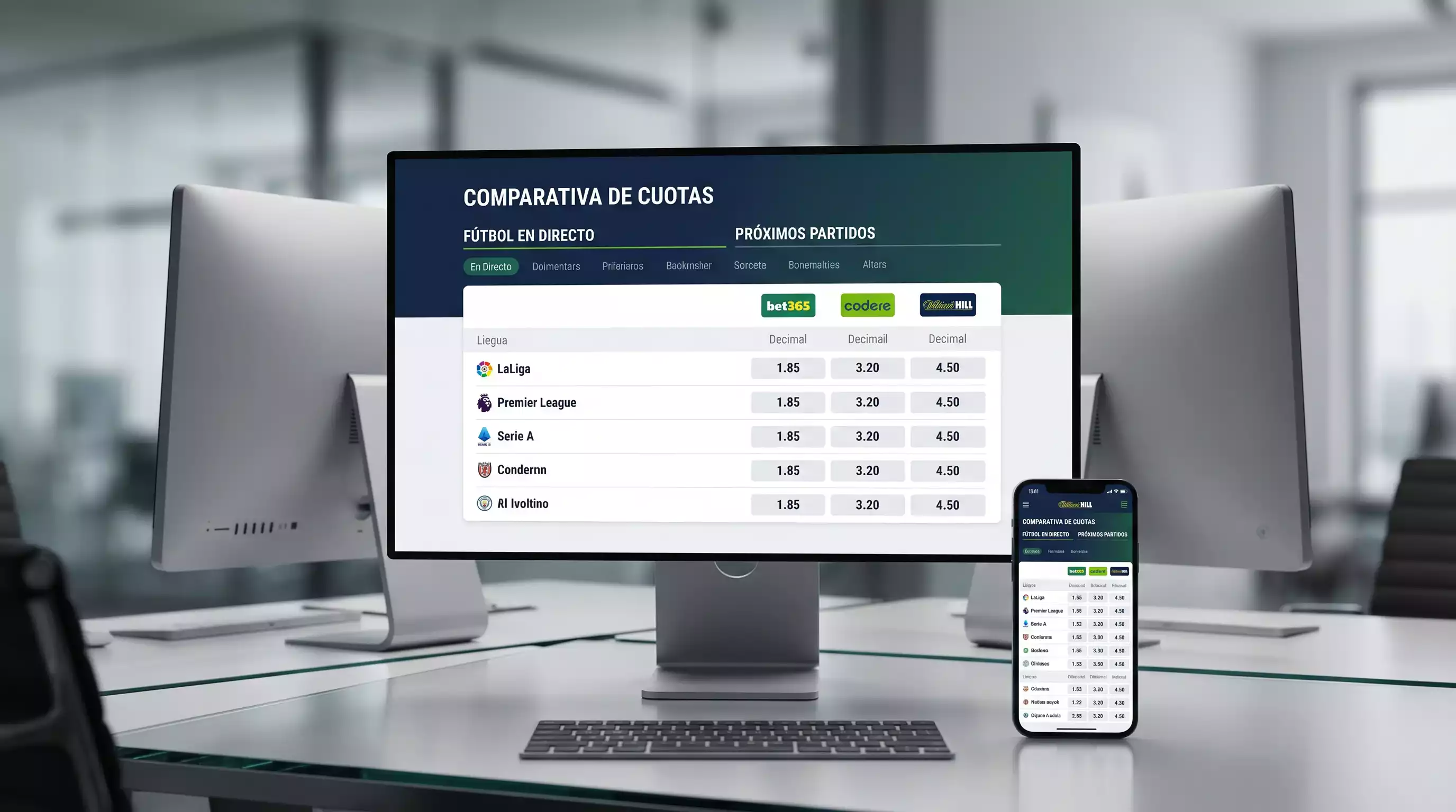 Pantallas múltiples mostrando comparación de cuotas entre diferentes casas de apuestas