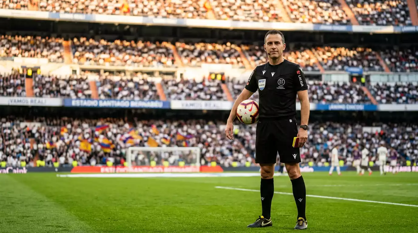 Árbitro de fútbol con balón simbolizando la integridad en el deporte