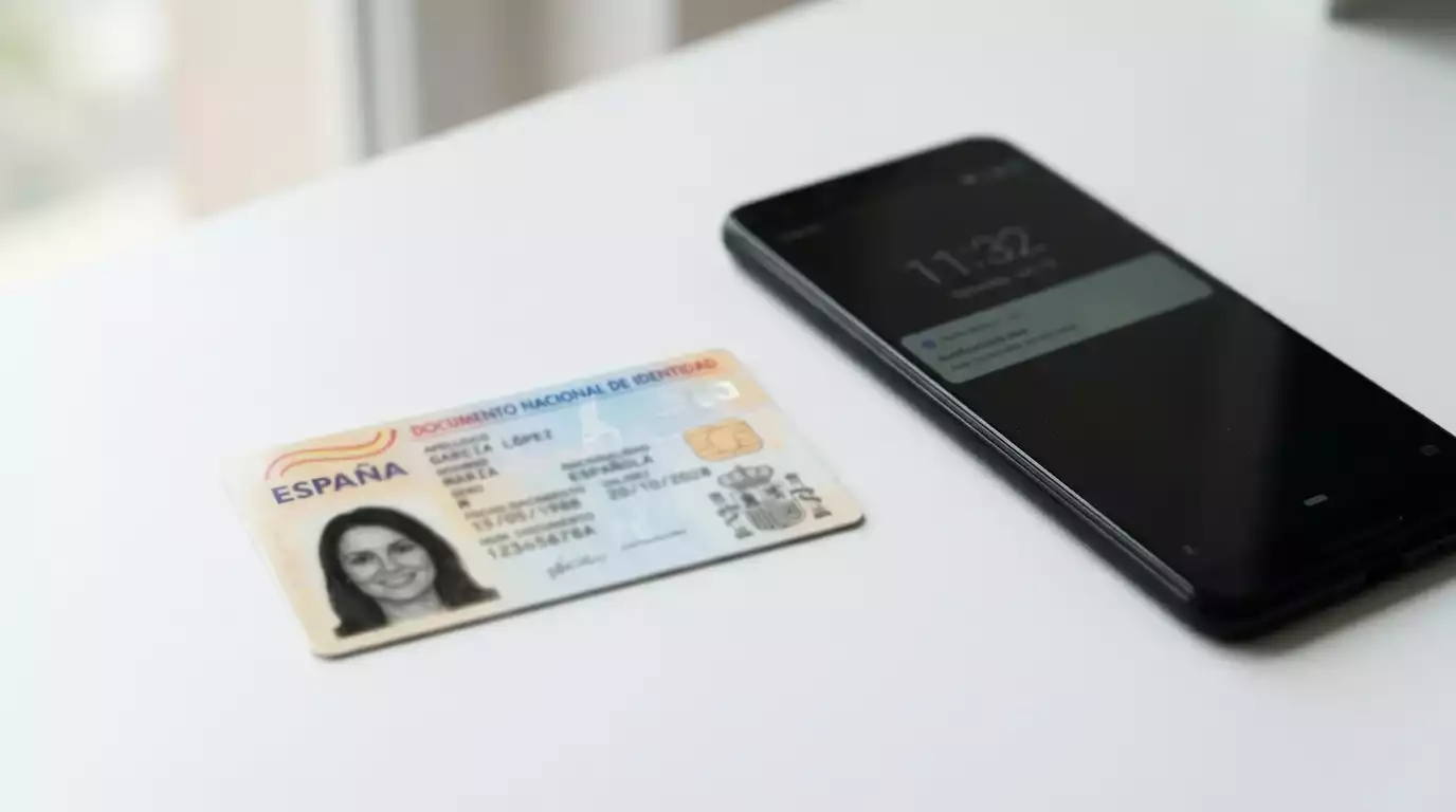DNI español junto a smartphone mostrando proceso de verificación de identidad